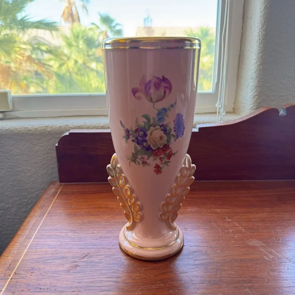 Vintage Art Deco Vase Pink Flowers Gold Trim